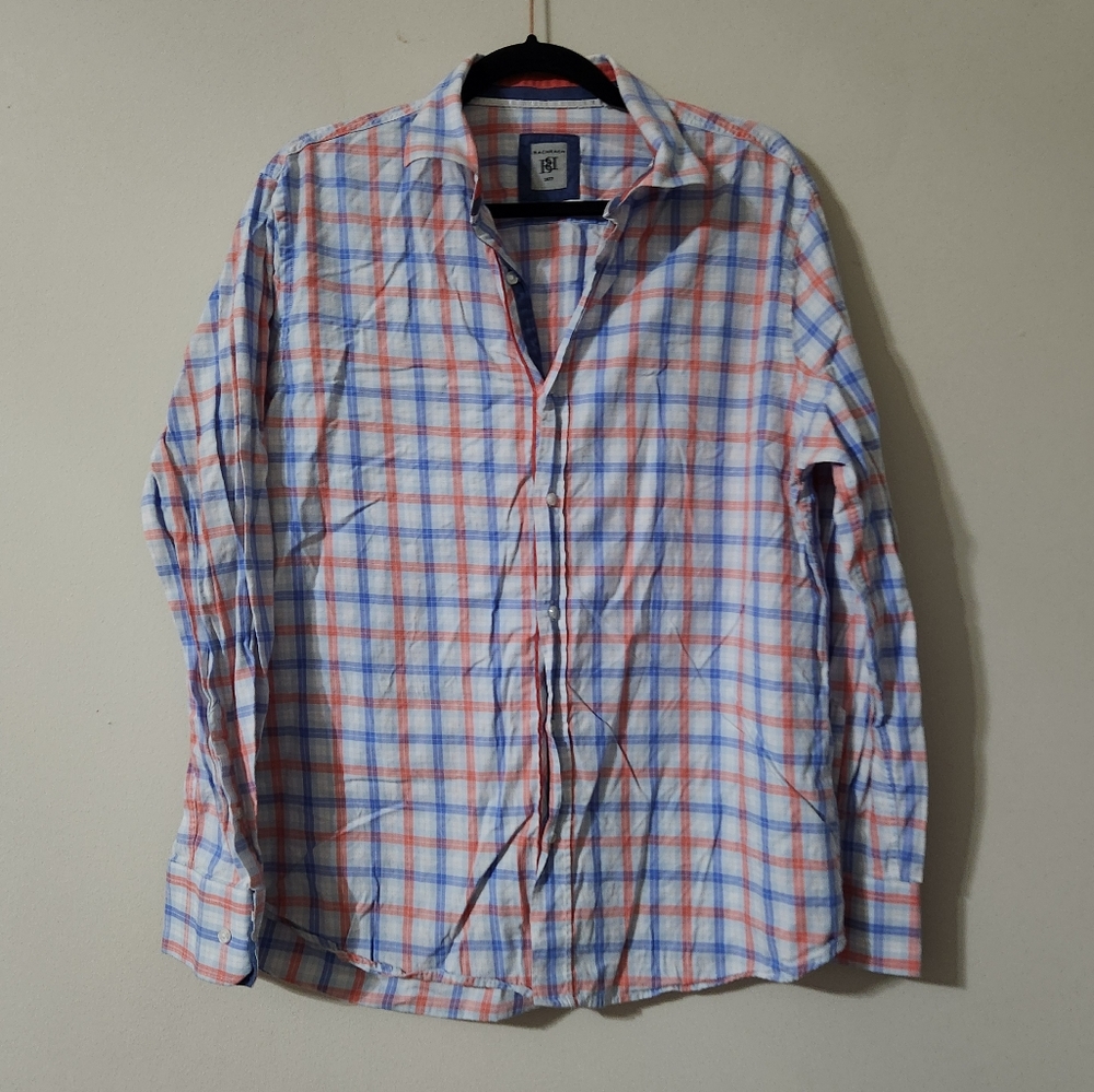 Bachrach plaid button up shirt large blue white pink casual buttonup